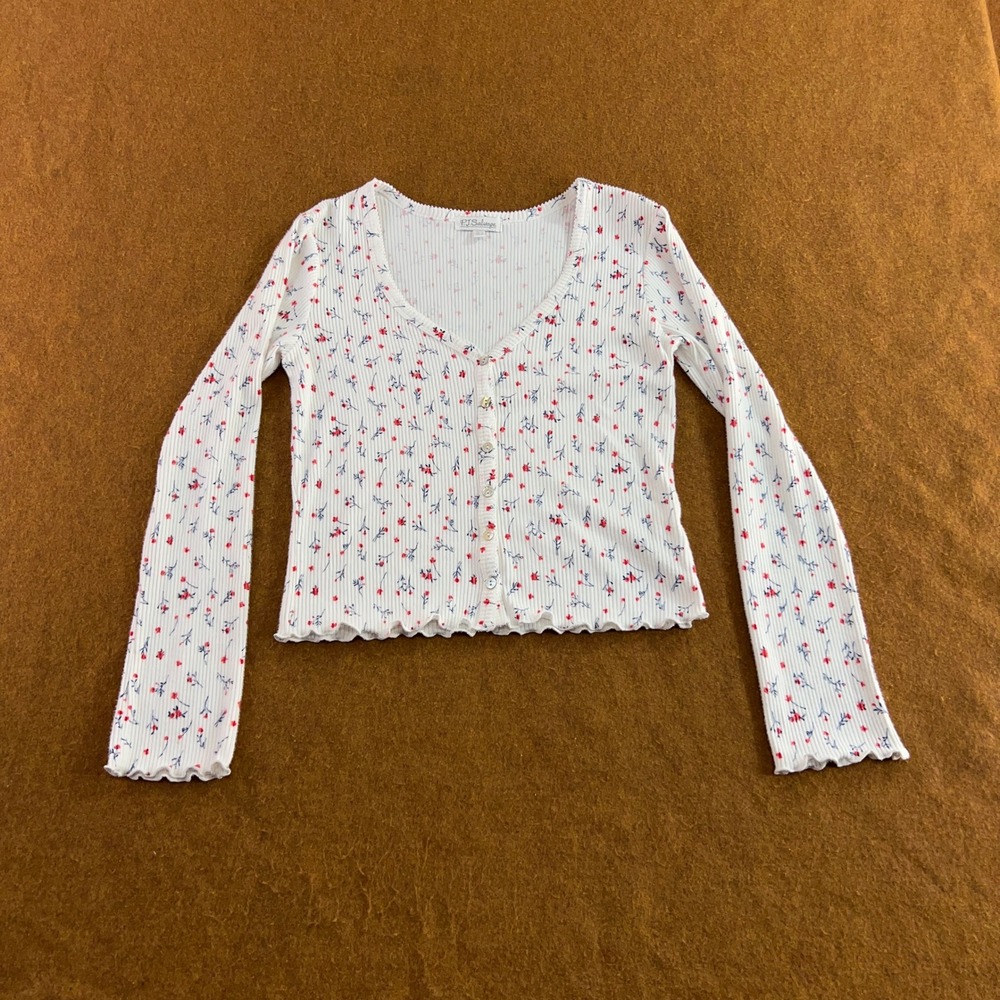 PJ Salvage Womens Small White Floral Ribbed Button Front Long Sleeve Top New